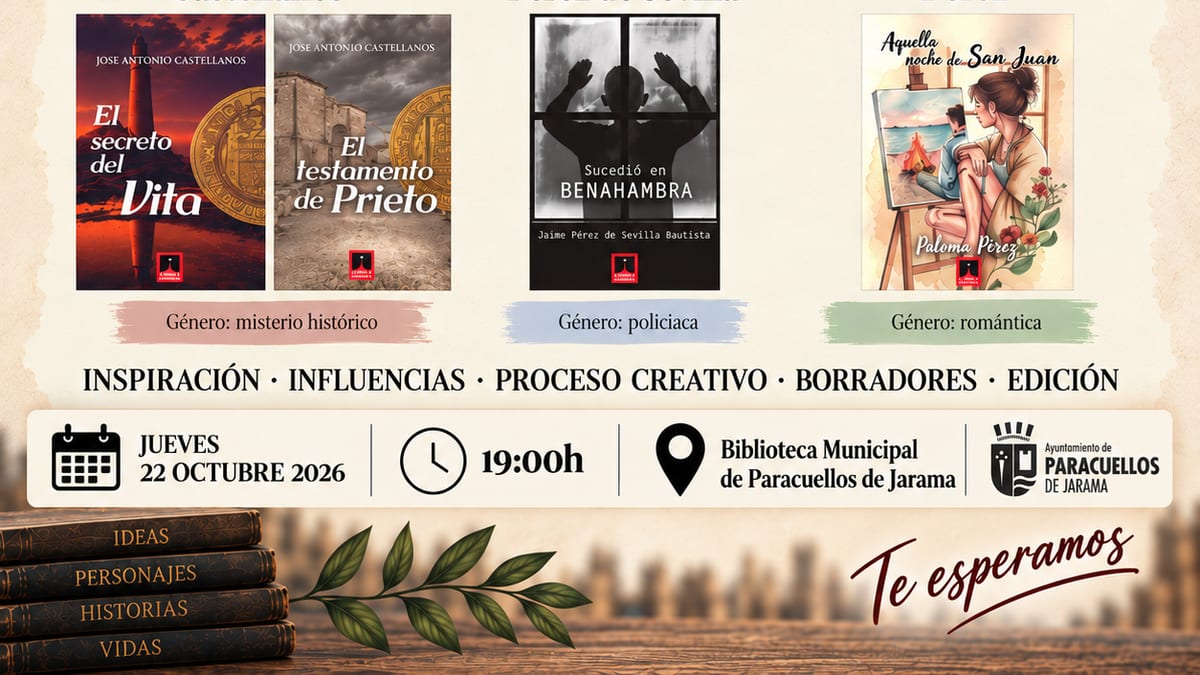 Cartel de la presentación de novelas en la Biblioteca Municipal de Paracuellos de Jarama con los tres autores y sus obras de géneros diferentes