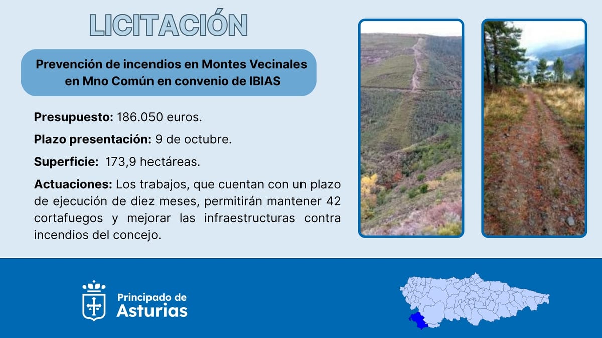 Cartel informativo sobre la licitación de prevención de incendios en montes vecinales de Ibias del Gobierno del Principado de Asturias