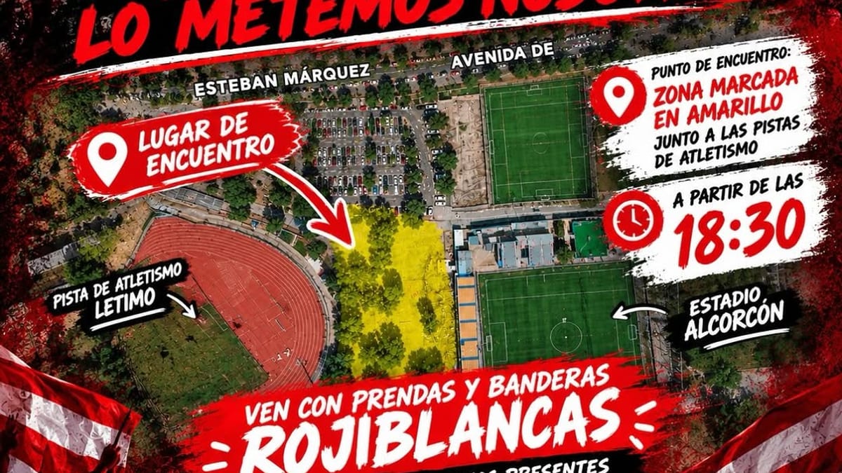 Cartel de la previa del Navalcarnero con información de horario, lugar de encuentro y mensaje de convocatoria a la afición