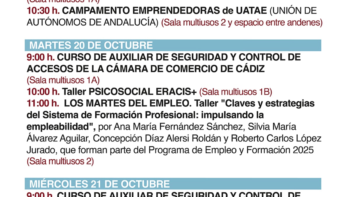 Cartel con el programa de actividades de la semana en los Antiguos Depósitos de Tabaco de Cádiz, mostrando cursos, talleres y ludoteca