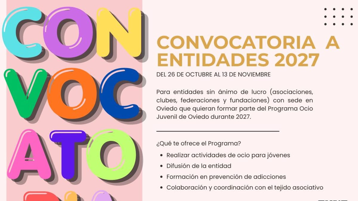 Cartel de convocatoria del Programa Ocio Juvenil 2027 del Ayuntamiento de Oviedo para entidades sin ánimo de lucro