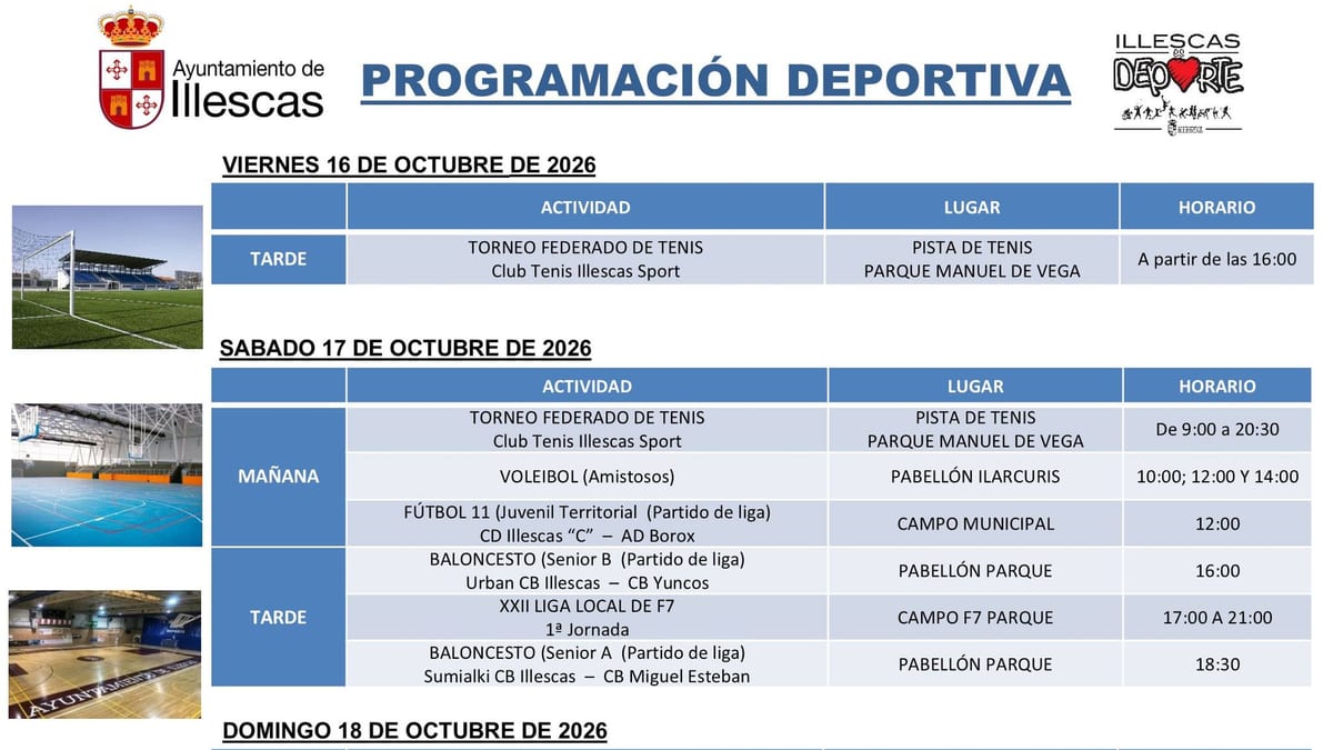 Cartel de programación deportiva del Ayuntamiento de Illescas con actividades de tenis, voleibol, fútbol y baloncesto para el 16, 17 y 18 de octubre de 2026