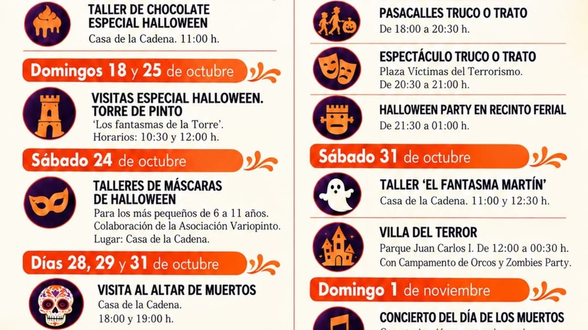 Cartel de programación Halloween en Pinto 2026 con actividades del 17 de octubre al 1 de noviembre
