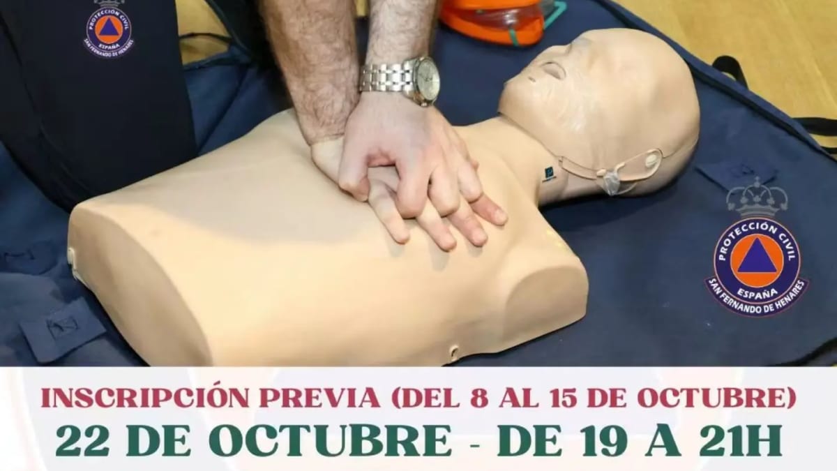 Cartel del curso de formación en RCP y Maniobra de Heimlich organizado por Protección Civil de San Fernando de Henares