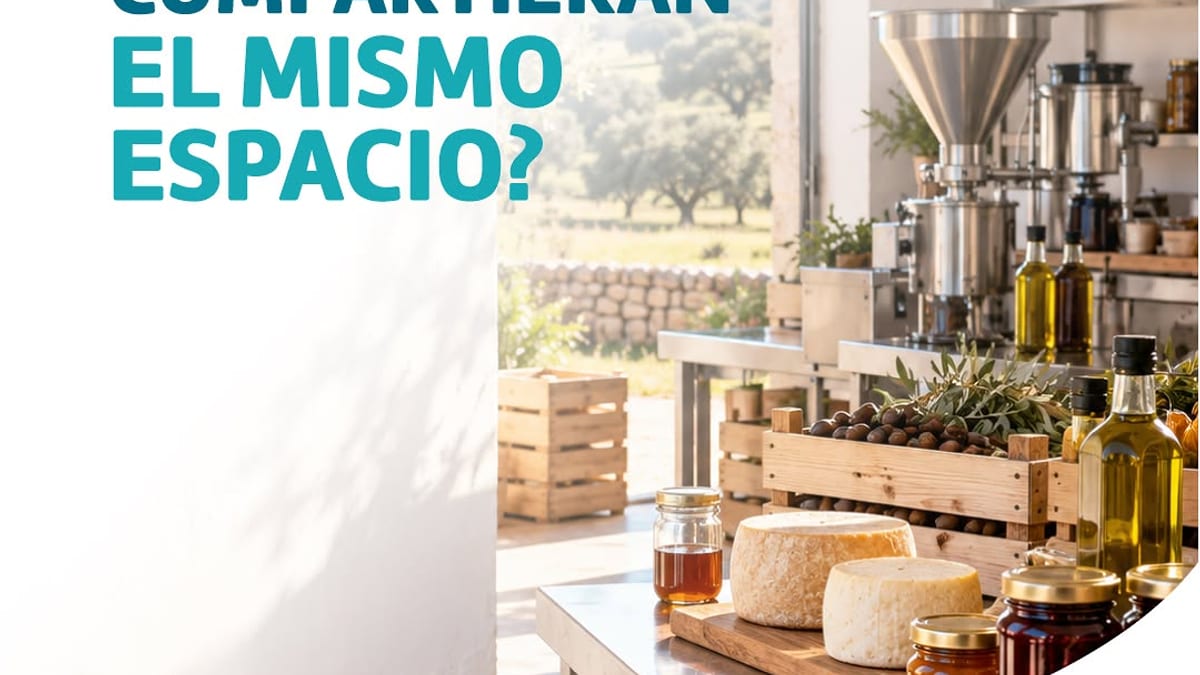 Cartel del Proyecto Huerto Ramírez mostrando el concepto de espacios compartidos para productores rurales, con logos del Ministerio para la Transición Ecológica y la Diputación de Huelva