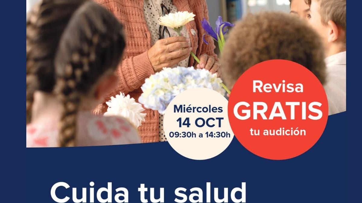 Cartel de la jornada de sensibilización sobre salud auditiva del 14 de octubre en Huelva con logos del Ayuntamiento y Audika Centros Auditivos