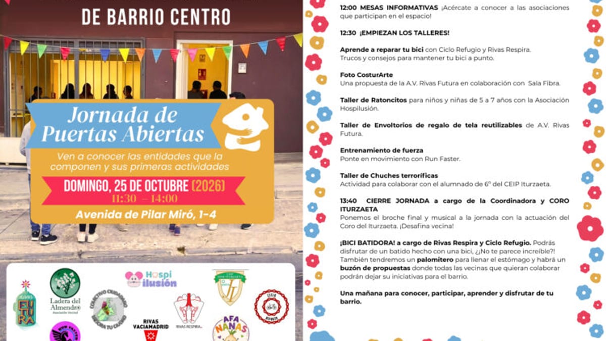 Cartel de la jornada de puertas abiertas del Espacio de Asociaciones del barrio Centro de Rivas Vaciamadrid con programa de actividades, talleres y horarios