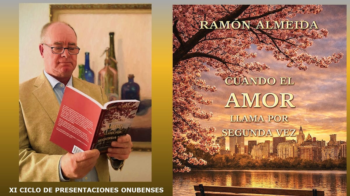 Cartel de la presentación de la novela 'Cuando el amor llama por segunda vez' de Ramón Almeida en la Biblioteca Especializada en Temas y Autores Onubenses