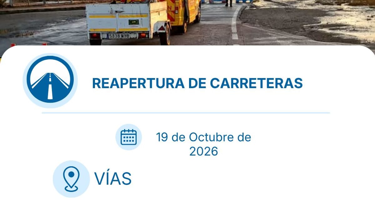 Cartel informativo de la Diputación de Cádiz sobre la reapertura de carreteras CA-9120 y CA-4103 tras inundaciones del 19 de octubre de 2026