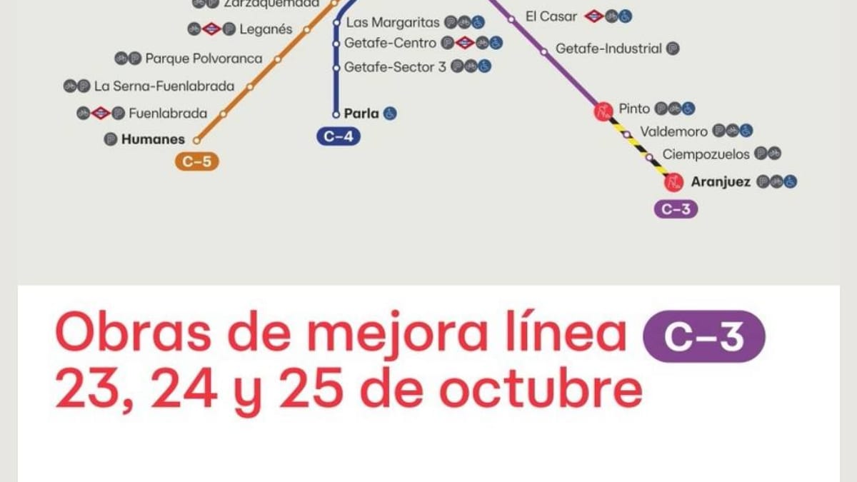 Información de reajustes de horarios en Renfe Cercanías línea C-3 entre Pinto y Aranjuez, con detalle de franjas horarias modificadas del 23 al 25 de octubre por obras de mejora