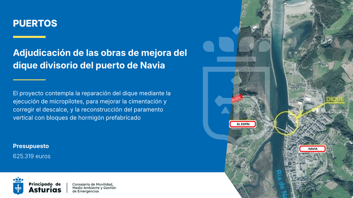 Obra de reparación del dique divisorio del puerto de Navia con maquinaria portuaria