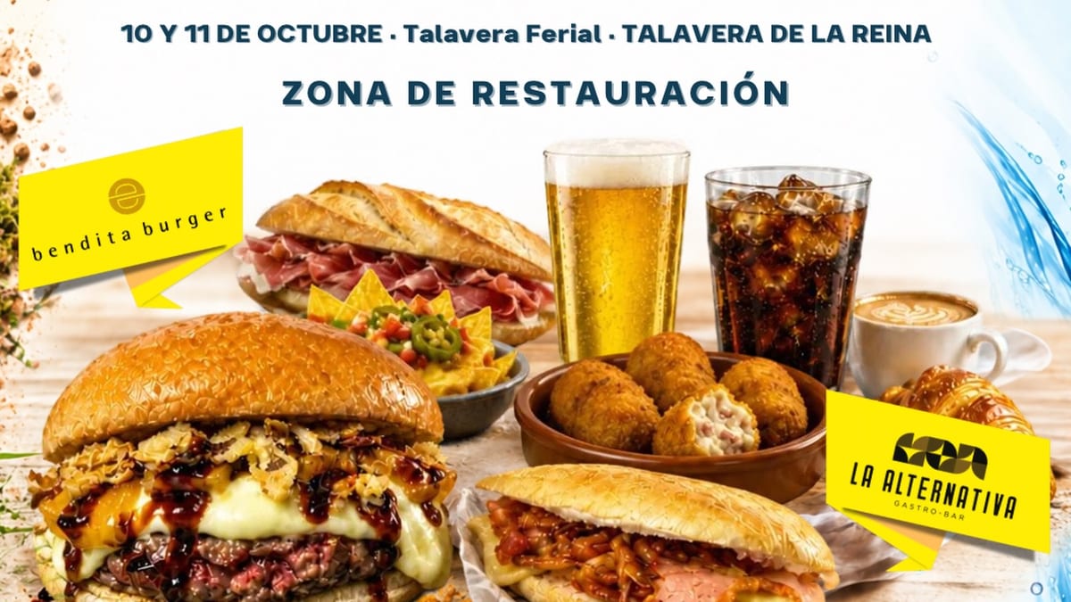 Cartel promocional de zona de restauración de Expoterraria y Expoaquaria con opciones gastronómicas en Talavera Ferial