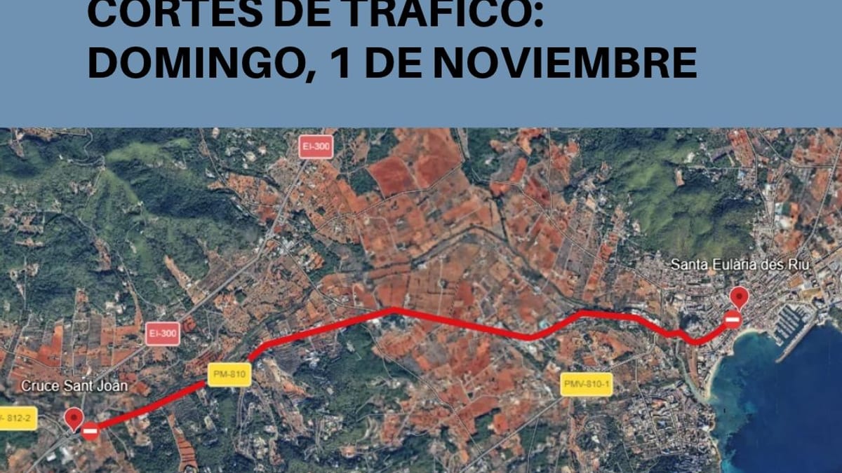 Cartel informativo de cortes de tráfico en Santa Eulalia del Río el 1 de noviembre por la Copa de Europa de Triatlón