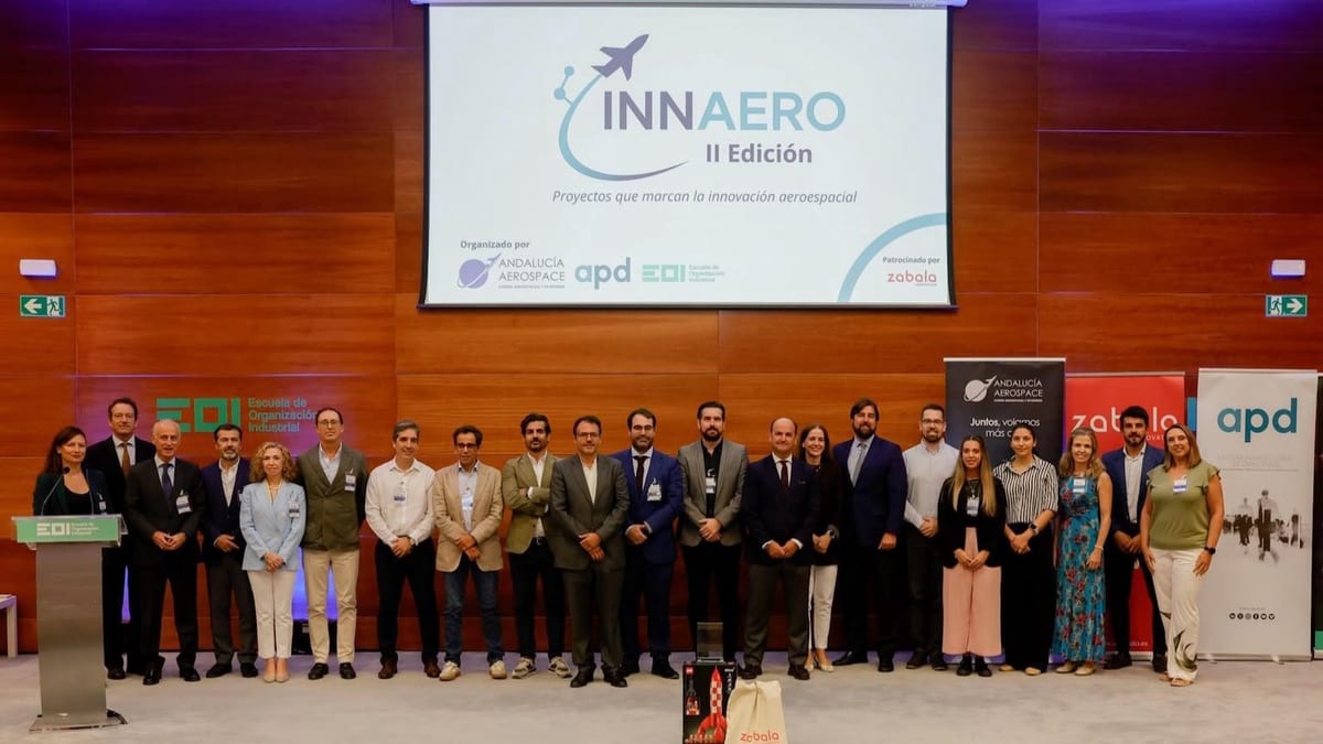 Cartel de INNAERO II Edición con logos de Andalucía Aerospace, APD, EOI y Zabala Innovation