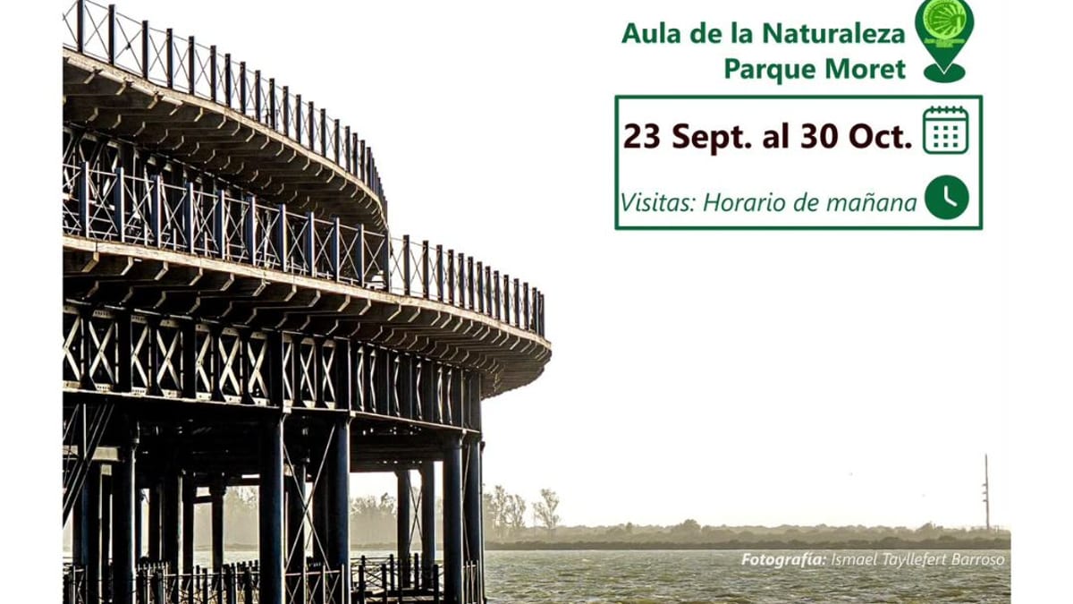 Cartel promocional de la exposición fotográfica 'Rincones de Huelva' en el Aula de la Naturaleza del Parque Moret, con fotografía de Ismael Tayllefert Barroso