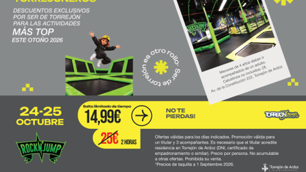 Cartel promocional de Rock'N Jump con descuento a 14,99 euros para los Días Especiales de Torrejón de Ardoz, válido 24-25 de octubre
