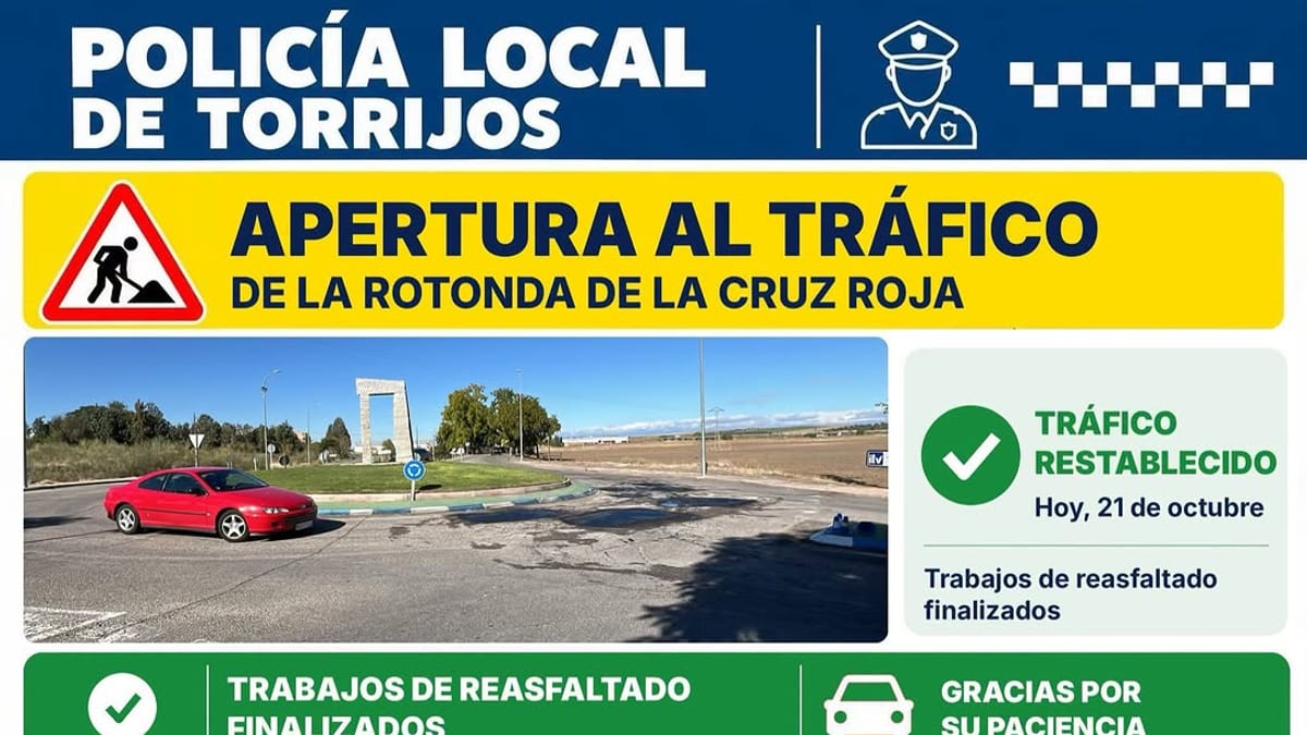 Cartel informativo de la Policía Local de Torrijos sobre la reapertura de la rotonda de la Cruz Roja