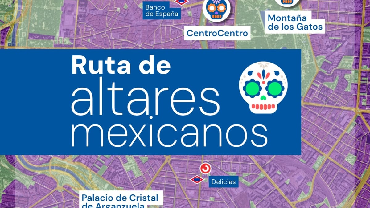 Cartel informativo de la ruta de cinco altares mexicanos en Madrid para celebrar el Día de Muertos, mostrando ubicaciones de las instalaciones en la ciudad