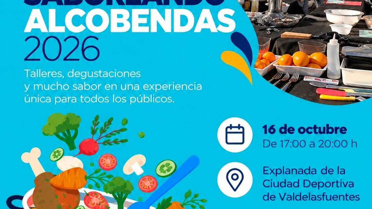 Cartel promocional de Saboreando Alcobendas 2026 con información del evento gastronómico del 16 de octubre en la Ciudad Deportiva de Valdelasfuentes
