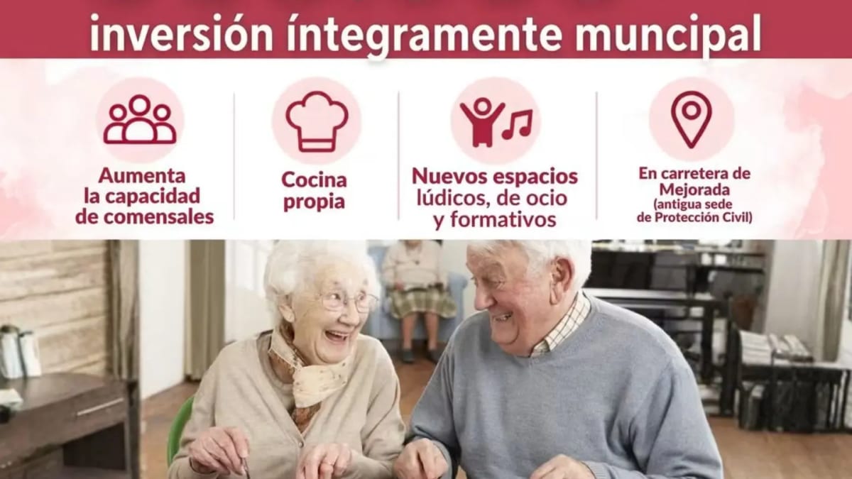 Cartel informativo del nuevo comedor para personas mayores del Ayuntamiento de San Fernando de Henares con detalles de inversión de 500.000 euros y servicios