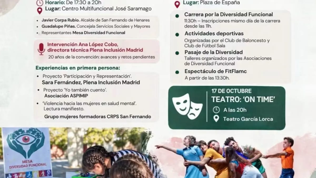 Cartel informativo de las XXXI Jornadas de Diversidad Funcional de San Fernando de Henares, 14 a 17 de octubre, con actividades para visibilizar y apoyar al colectivo y sus familias