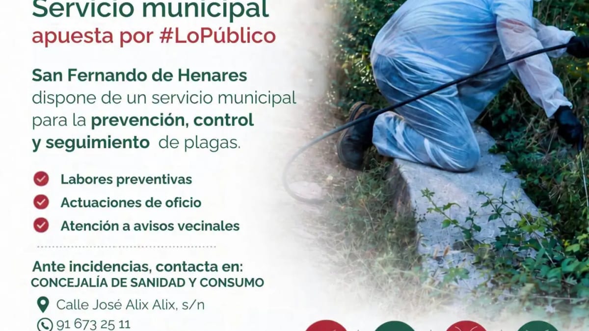 Cartel informativo del servicio municipal de control de plagas del Ayuntamiento de San Fernando de Henares con datos de contacto y tipos de actuaciones