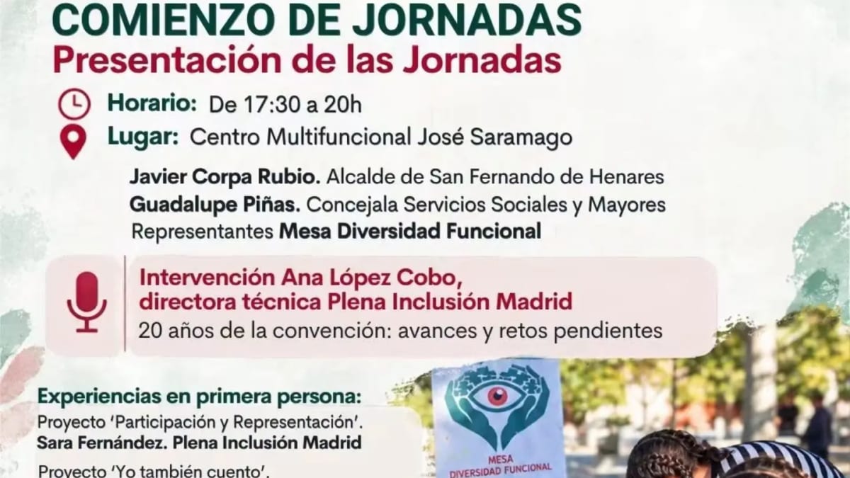 Cartel informativo de las XXXI Jornadas de Diversidad Funcional de San Fernando de Henares, con tema central sobre 20 aniversario de la Convención de Derechos de Personas con Discapacidad