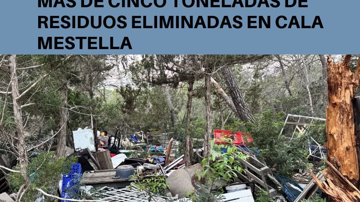 Operarios del Ayuntamiento de Santa Eulalia retirando residuos en Cala Mestella