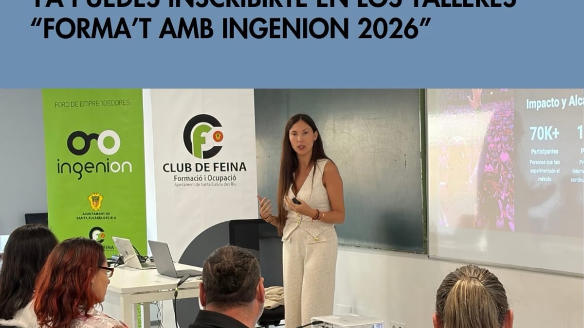 Cartel del programa de talleres Forma't amb Ingenion 2026 del Ajuntament de Santa Eulària des Riu, que incluye información sobre cinco sesiones de formación para emprendedores