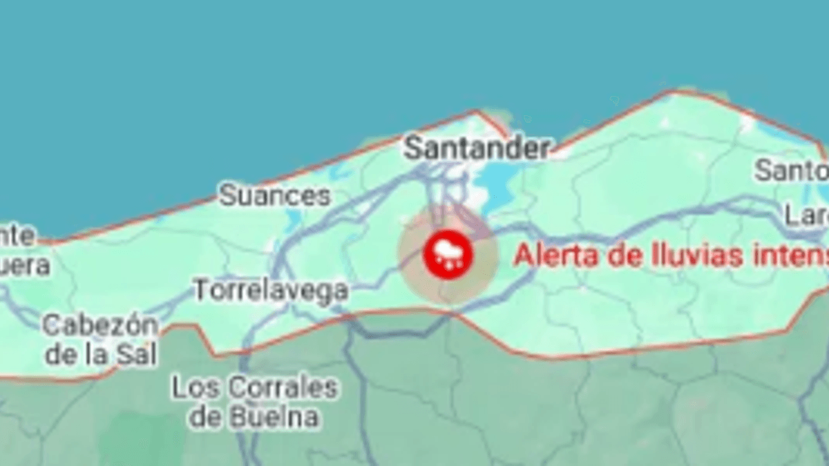 Mapa de alerta de lluvias intensas en Cantabria con municipios afectados