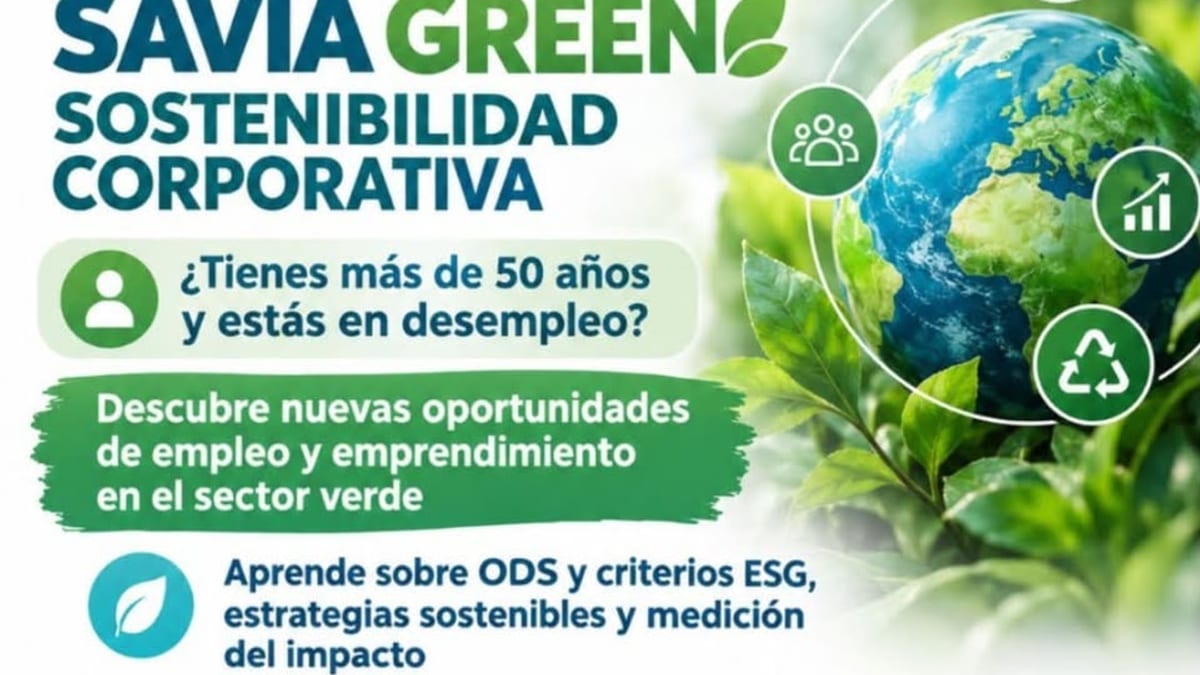 Cartel del programa SAVIA Green del Ayuntamiento de Arroyomolinos con información sobre formación online gratuita en sostenibilidad corporativa