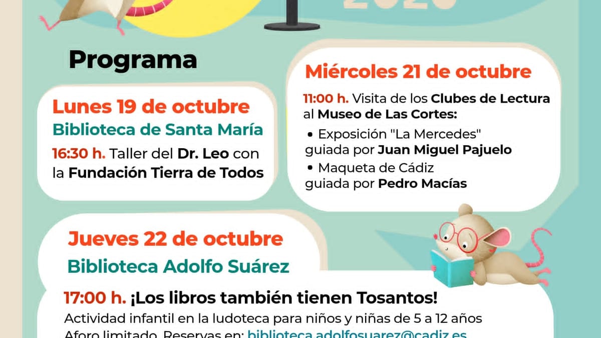 Cartel de la Semana de las Bibliotecas 2026 de Cádiz con programa de actividades del 19 al 22 de octubre