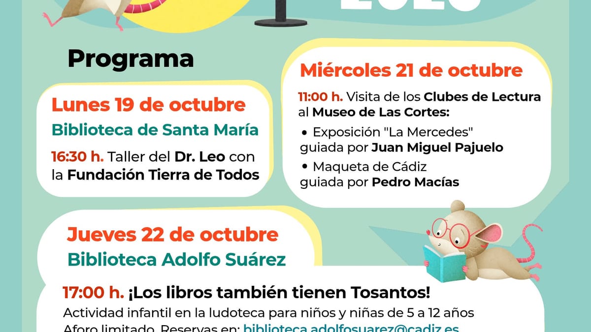 Cartel de la Semana de las Bibliotecas 2026 del Ayuntamiento de Cádiz con el programa de actividades y los premios Ratones de Biblioteca