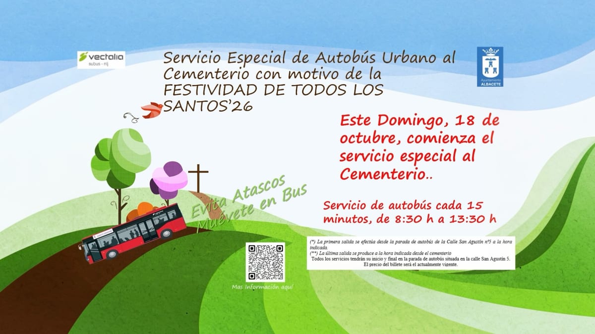 Cartel informativo del servicio especial de autobús al cementerio de Albacete para Todos los Santos con horarios y paradas