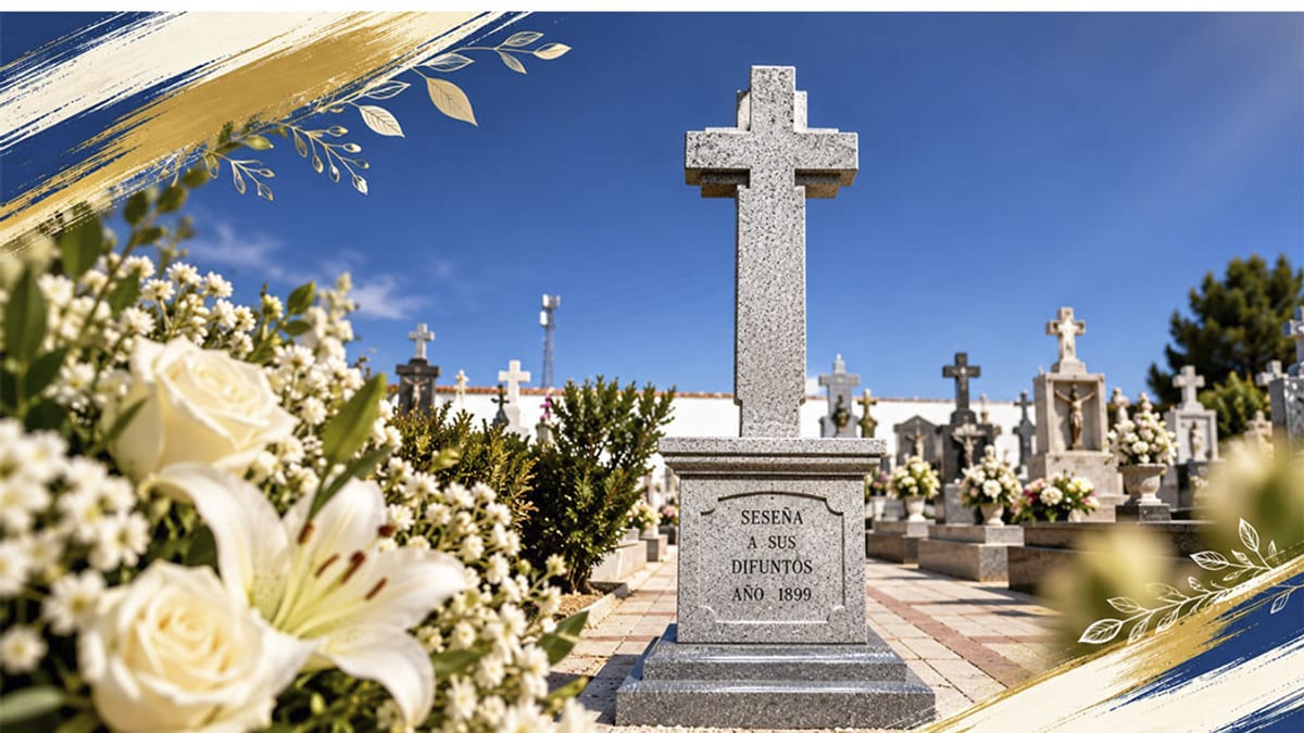 Cartel del homenaje a los difuntos en el Cementerio de Seseña con motivo del Día de Todos los Santos, donde se ve el logo del Ayuntamiento