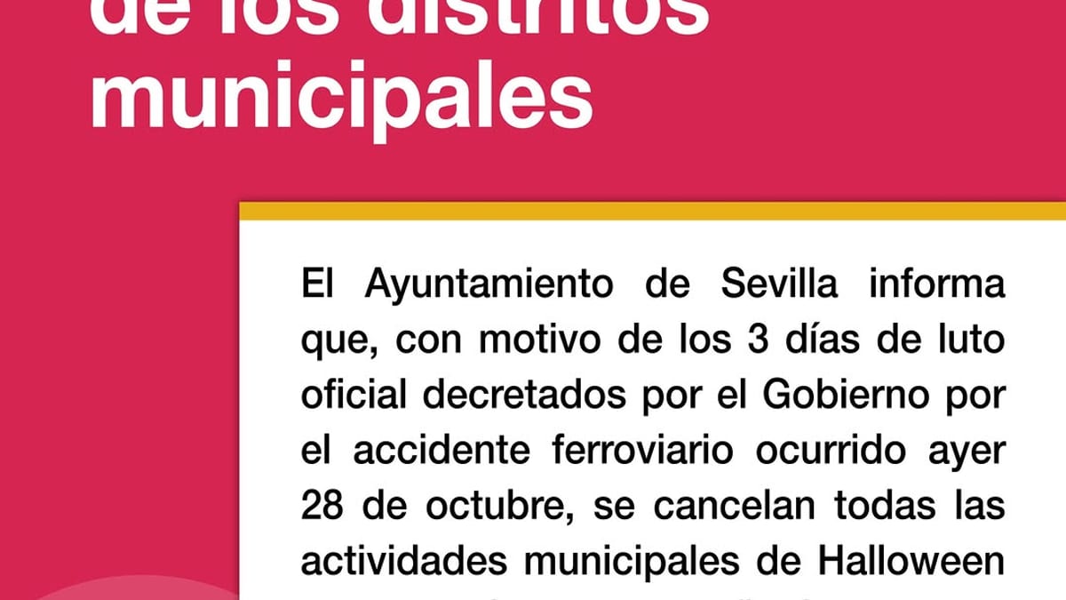 Cartel informativo del Ayuntamiento de Sevilla anunciando la cancelación de actividades de Halloween en distritos municipales