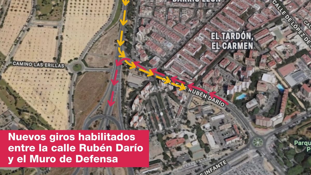 Mapa de la intersección de la Avenida Rubén Darío con la Carretera Muro de Defensa en Sevilla mostrando los nuevos giros habilitados