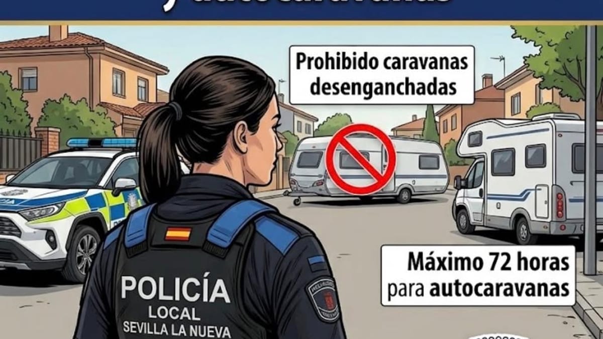 Cartel de la campaña de control de estacionamiento de caravanas y autocaravanas de la Policía Local de Sevilla La Nueva