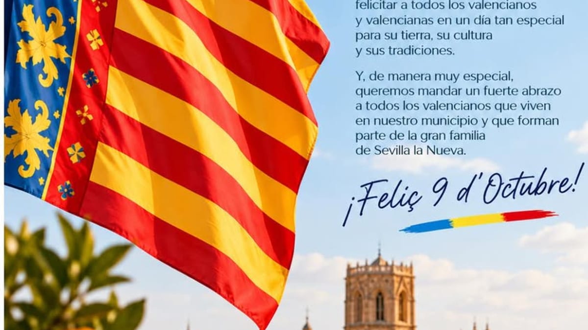 Cartel del Ayuntamiento de Sevilla la Nueva felicitando el Día de la Comunitat Valenciana con la fecha 9 de octubre