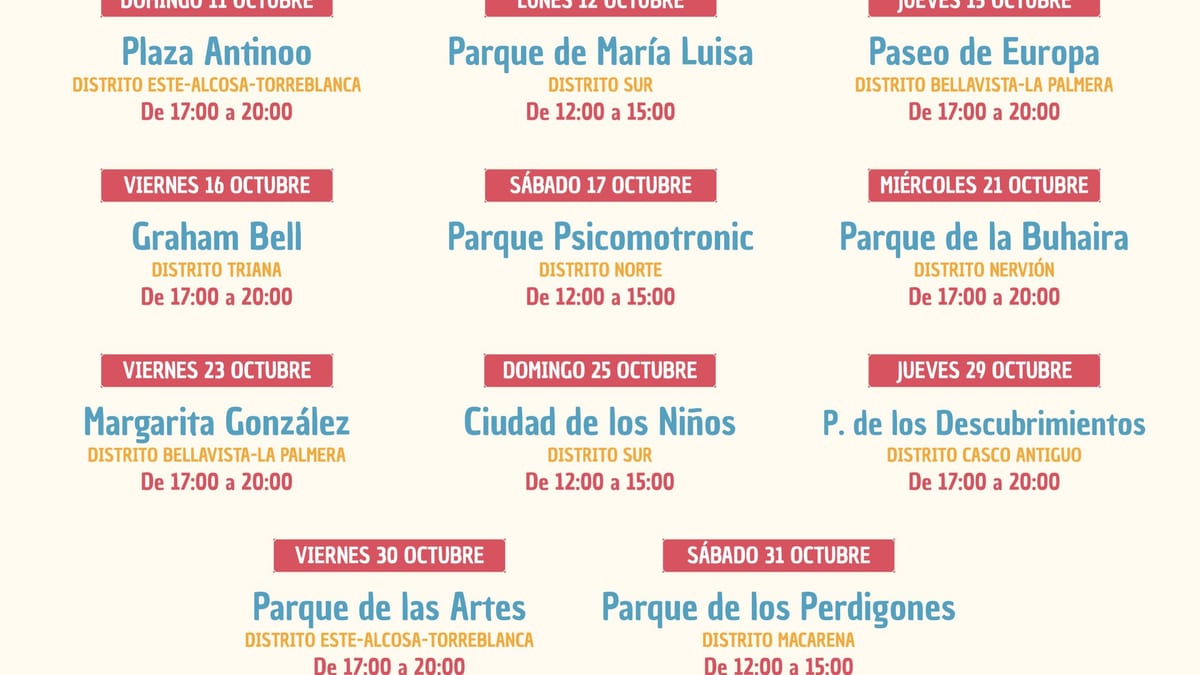 Cartel promocional de la programación ¡Vive tu Parque! de octubre con actividades infantiles en parques de Sevilla