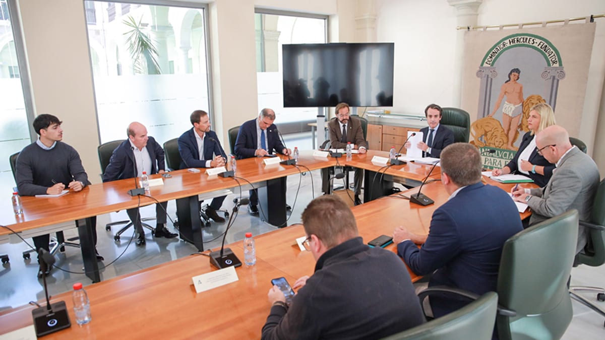 Reunión de la Consejería de Fomento y Movilidad con Cetursa y empresarios en sala de conferencias para coordinar accesos a Sierra Nevada