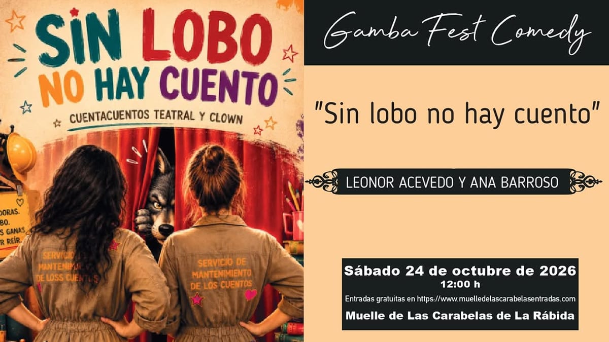 Cartel de «Sin lobo no hay cuento», teatro familiar interactivo de la Diputación de Huelva con Leonor Acevedo y Ana Barroso