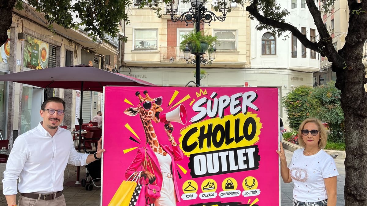 Cartel promocional del Súper Chollo Outlet en la calle Vera de Castellón, 17 de octubre de 10 a 20 horas, con descuentos en ropa, calzado, complementos y bisutería