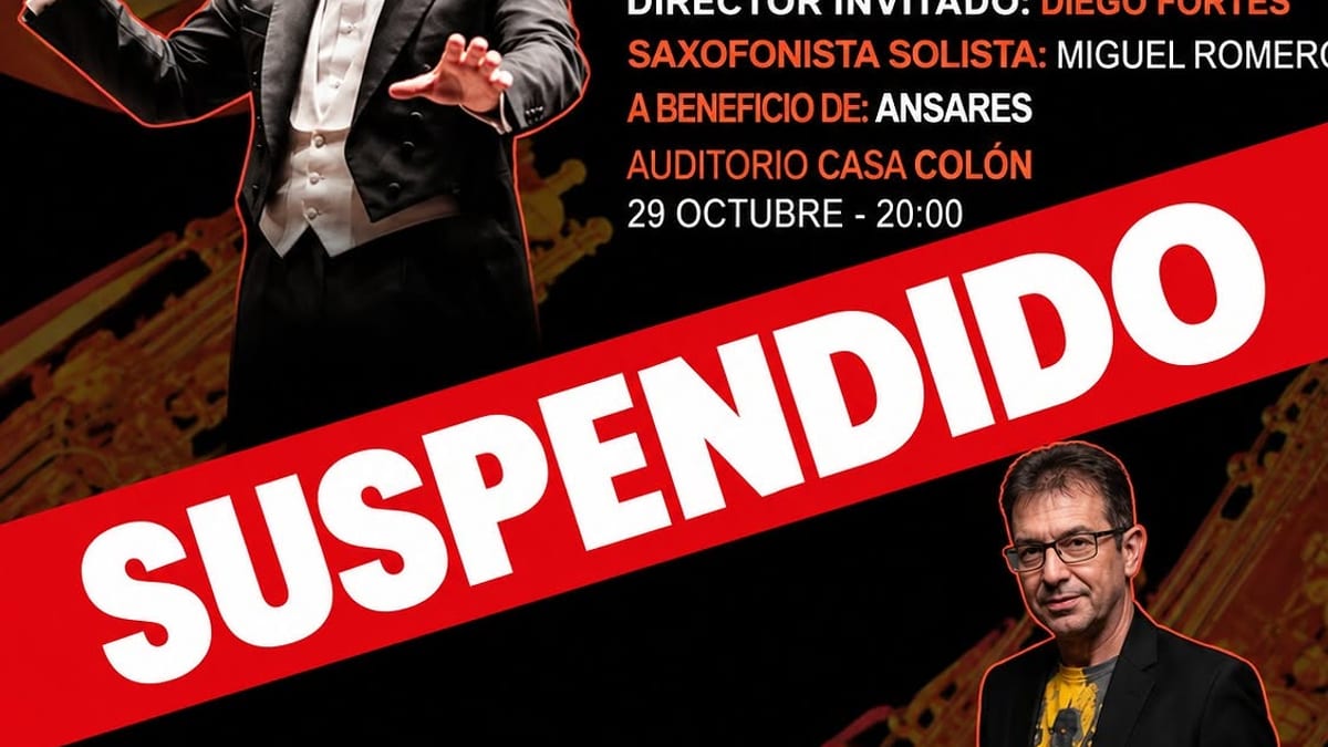 Cartel del concierto Conexiones de la Banda Sinfónica Municipal de Huelva, suspendido, con Diego Fortes como director invitado y Miguel Romero en saxo