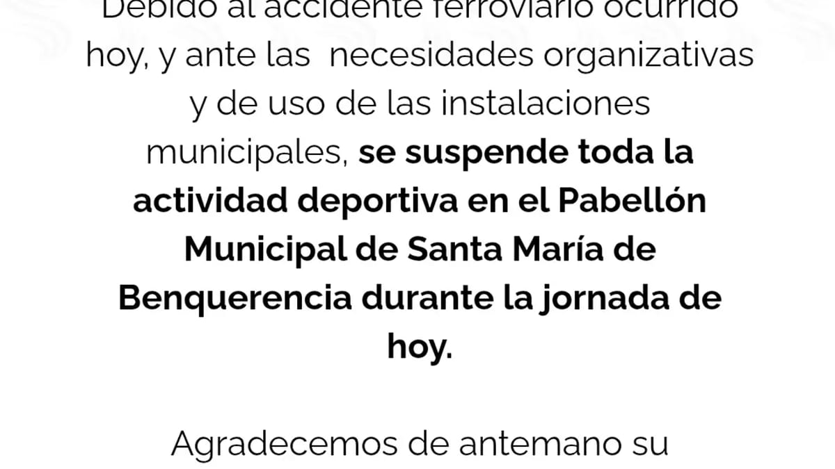 Aviso oficial del Patronato Deportivo Municipal de Toledo sobre suspensión de actividades por accidente ferroviario