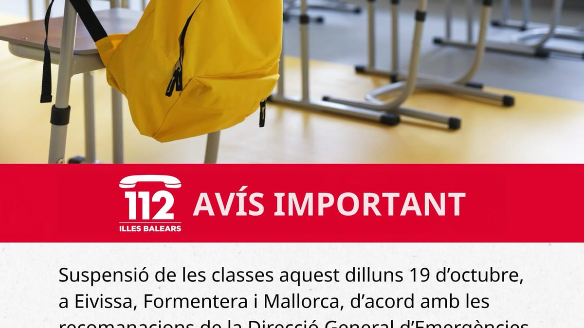 Cartel de aviso del 112 sobre suspensión de clases el 19 de octubre en Islas Baleares por riesgo de inundaciones y DANA