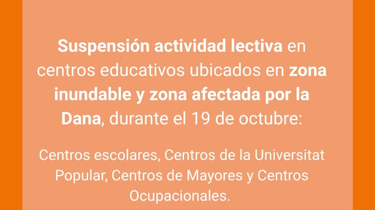 Cartel informativo del Ajuntament de València sobre medidas extraordinarias: suspensión de actividad lectiva en centros educativos por alerta naranja y lluvia