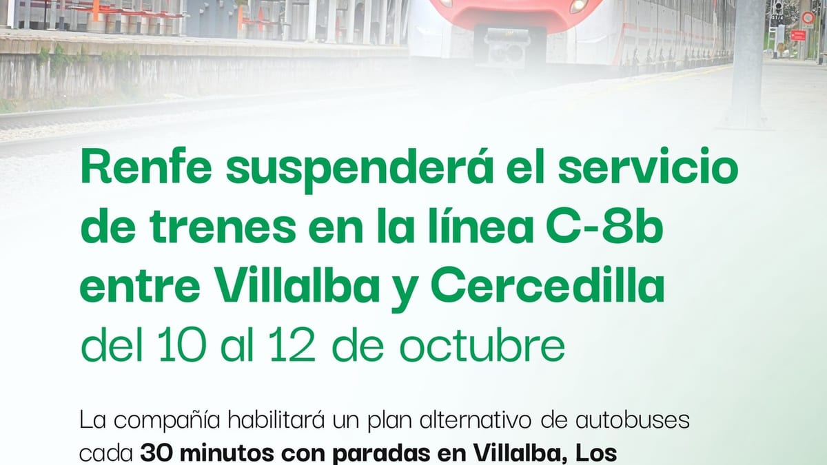 Cartel informativo de Renfe sobre la suspensión del servicio de Cercanías en la línea C-8b entre Villalba y Cercedilla