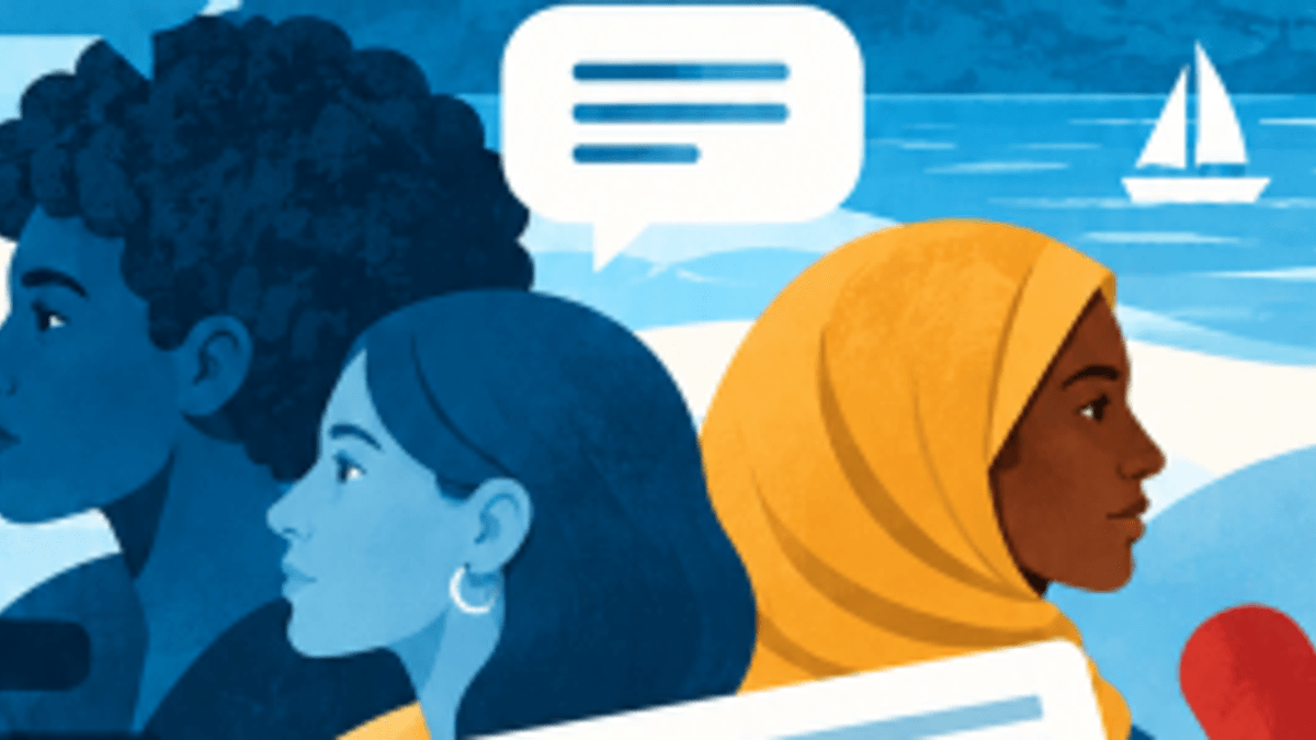Ilustración con siluetas de personas en tonos azules y una persona con hijab en color marrón dorado, con elementos de chat y barco de vela