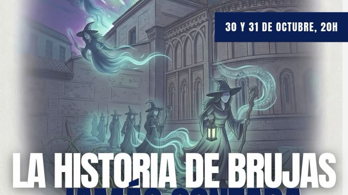 Cartel de la ruta nocturna 'La historia de brujas jamás contada' de Talavera de la Reina para Halloween, con información de fechas, hora y lugar de encuentro